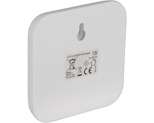 Rückseite eines weißen Sensors mit Aufhängevorrichtung und technischen Informationen