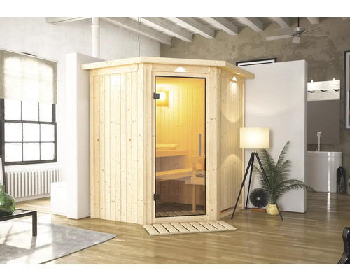 Plug & Play Sauna Karibu Achat III ohne Ofen mit Dachkranz und Ganzglastüre aus Klarglas