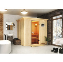 Moderne Badezimmerszene mit Holzsauna, Waschbecken und Badewanne für Wellness und Entspannung