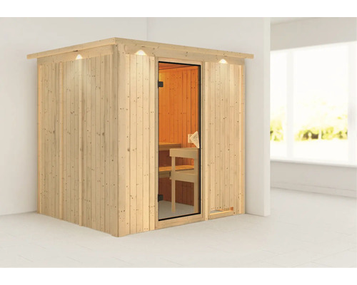 Plug & Play Sauna Karibu Achat VIII ohne Ofen mit Dachkranz und bronzierter Ganzglastüre