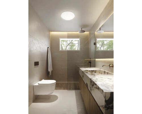 Modernes Badezimmer mit Waschtisch, Spiegelschrank und Dusche