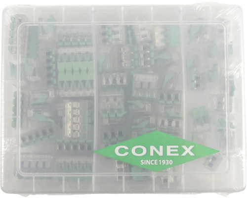 Dosenklemmen-Set in transparenter Aufbewahrungsbox mit Conex Logo