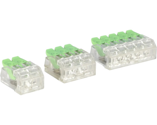 Drei transparente Kabelverbinder mit Hebelklemmen zur elektrischen Verbindung