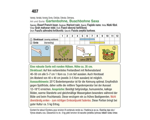 Informationen zu Gartenbohnen der Sorte Buschbohne Saxa mit Hinweisen zur Aussaat und Ernte
