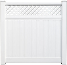 Weißer Kunststoffzaun mit Latten und Ziergitter