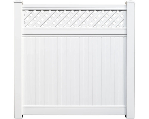 Weißer Kunststoffzaun mit Latten und Ziergitter
