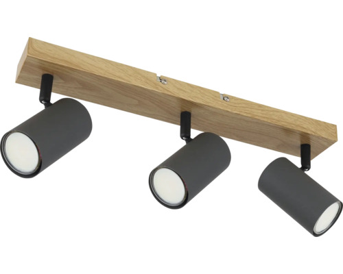 Deckenleuchte mit drei Strahlern, Holz und Metall