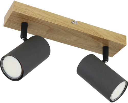 Deckenleuchte mit zwei Strahlern und Holzoptik