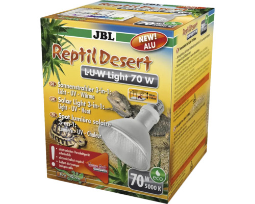 Metalldampfstrahler JBL Desert L-U-W Light Alu 70W Sonnenstrahler für Wüstenterrarien 3 in 1 Licht - UV - Wärme, 5000 K, Vollpektrum JBL Reptil Desert Lampe 70 Watt Verpackung