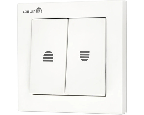 Schellenberg Logo. Rolladenschalter mit zwei Bedienknöpfen.