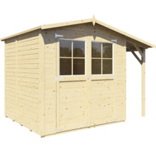 Holzgartenhaus mit Fenstern und Vordach.