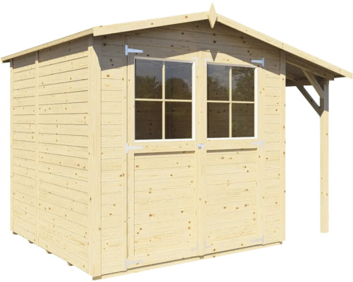 Holzgartenhaus mit Fenstern und Vordach.