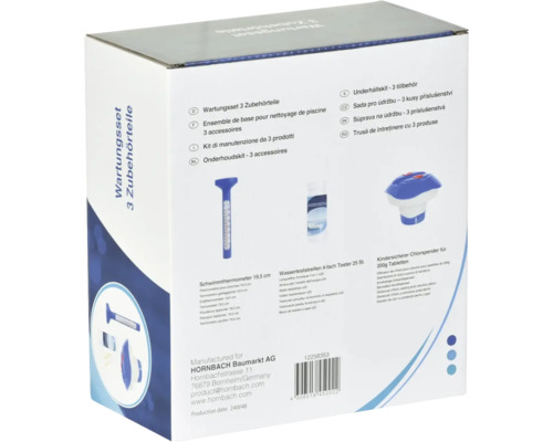 Poolpflege Set mit Schwimmthermometer, Wassertester und Chlorspender in Produktverpackung