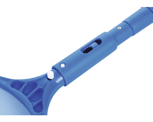 Detailaufnahme eines blauen Poolkeschers mit Teleskopstiel