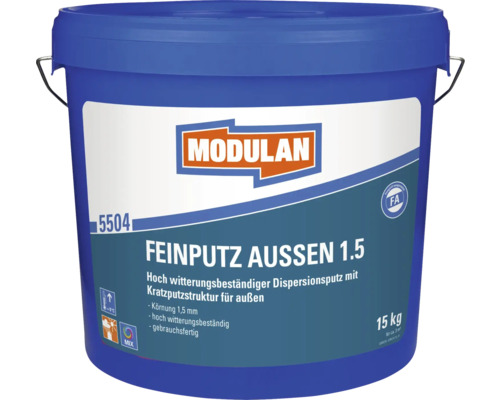 MODULAN 5504 Feinputz Außen K 1.5 mm weiß 15 kg Modulan Feinputz Aussen 1.5 im blauen Eimer, geeignet für Außenbereiche