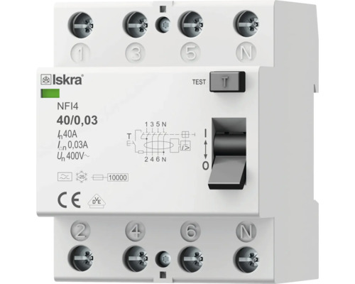 Fehlerstromschutzschalter Iskra® 40A Typ A 4-polig Iskra Fehlerstromschutzschalter mit der Bezeichnung NF14 40/0,03