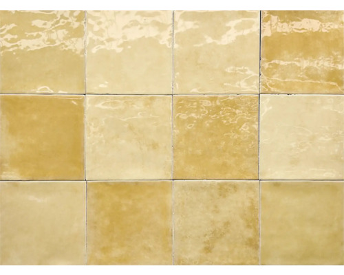Feinsteinzeug Wandfliese Zellige Ochre 12x12 cm gelb glänzend Anordnung von Keramikfliesen