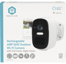 Verpackung einer wiederaufladbaren 4MP QHD WLAN-Überwachungskamera für den Außenbereich mit Nachtsichtfunktion von Nedis SmartLife