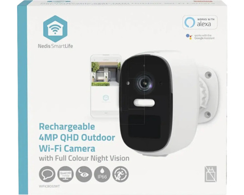 Verpackung einer wiederaufladbaren 4MP QHD WLAN-Überwachungskamera für den Außenbereich mit Nachtsichtfunktion von Nedis SmartLife