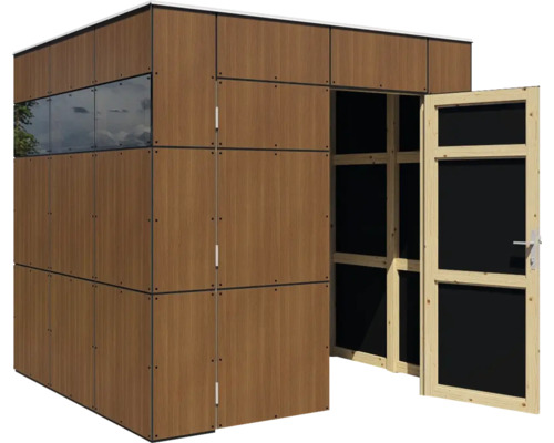 Gartenhaus mit Holzwandoptik, Fensterelement und offener Tür