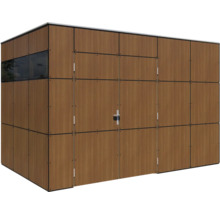 Holzfarbiger Geräteschuppen mit Tür und Fenster