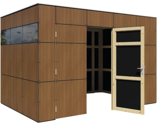 Gartenhaus mit Holzwandverkleidung und Tür