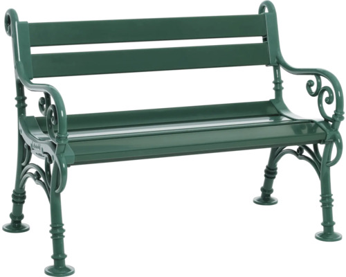 Gartenbank aus Metall mit geschwungenen Armlehnen