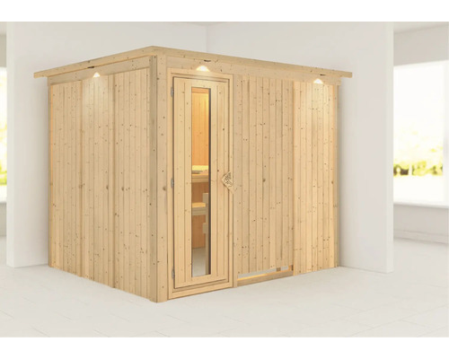 Elementsauna Karibu Gobina ohne Ofen mit Dachkranz und Holztüre mit Isolierglas wärmegedämmt