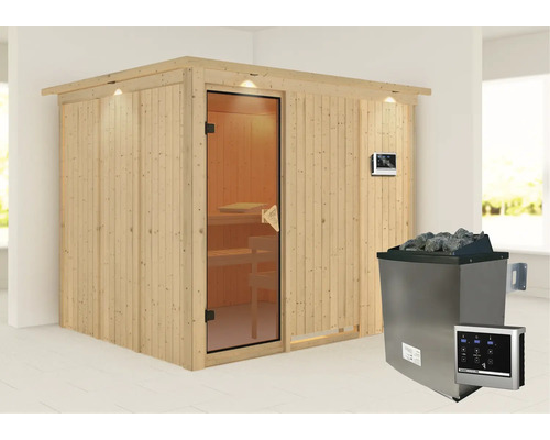 Sauna aus Holz mit Ofen und Steuerung
