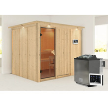 Sauna aus Holz mit Glastür und Saunaofen