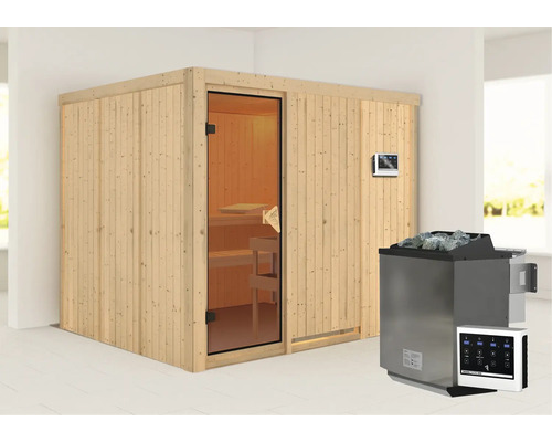 Elementsauna Karibu Gobina inkl. 9 kW Bio Ofen u.ext.Steuerung ohne Dachkranz mit bronzierter Ganzglastüre