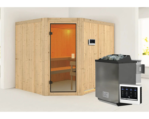 Elementsauna Karibu Horna inkl. 9 kW Bio Ofen ext.Steuerung ohne Dachkranz mit bronzierter Ganzglastüre