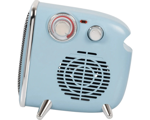 Blauer Heizlüfter mit zwei Drehreglern und Lüftungsgitter