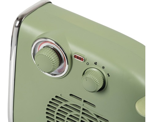 Detailansicht eines Heizlüfters mit Drehknöpfen zur Temperatur- und Leistungsregulierung.