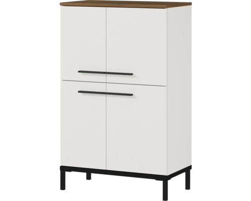 Schrank mit vier Türen, einem Holzaufsatz und Füßen