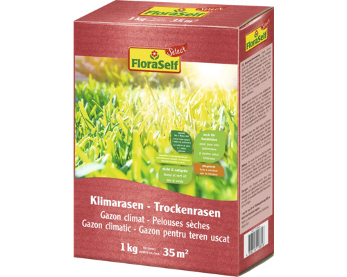 Trockenrasen - Klimarasen FloraSelf Select 1 kg / 35 m² FloraSelf Klimarasen Trockenrasen Packung mit Informationen zu Aussaat, Pflege und Verwendung