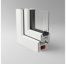 Querschnitt eines weißen Kunststofffensters mit Dreifachverglasung