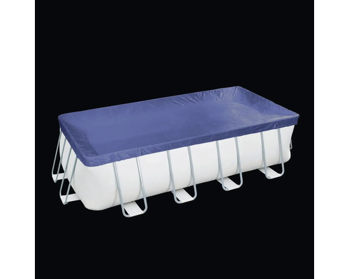 Rechteckiger Frame Pool mit blauer Abdeckung