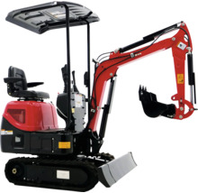 Roter Minibagger mit Fahrerkabine und Schaufel