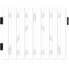 Weißes Lattenzauntor mit Beschlägen