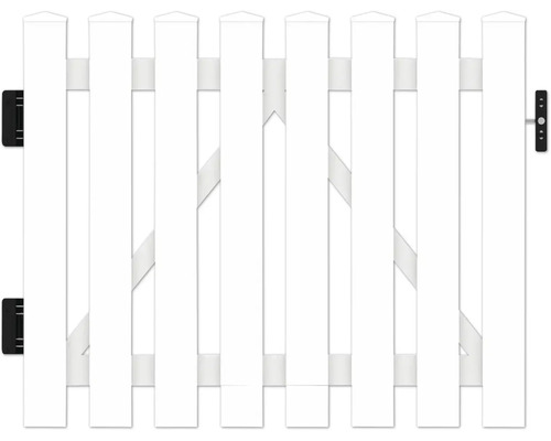 Weißes Lattenzauntor mit Beschlägen