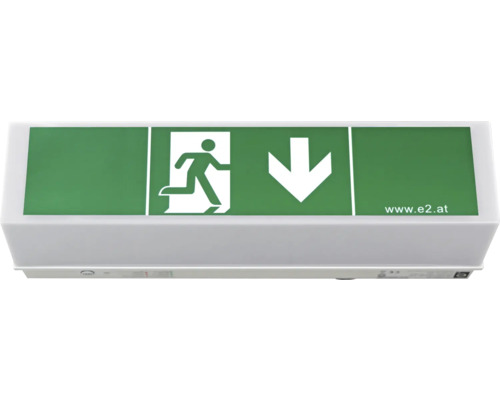 Rettungszeichenleuchte mit Richtungspfeil nach unten und Personensymbol