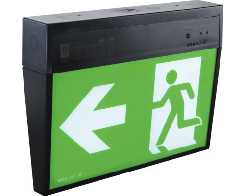 Notausgangsleuchte mit Richtungspfeil links und einer Person, die nach links läuft