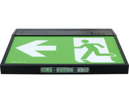 Rettungszeichenleuchte mit Pfeil nach links und einer Person, die durch eine Tür geht