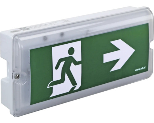 Rettungszeichenleuchte mit Pfeil nach rechts und Piktogramm einer laufenden Person