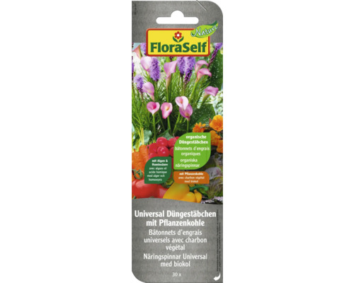 Düngestäbchen Universal FloraSelf Nature, mit Pflanzenkohle, Algen und Huminsäuren, 30 Stk. Düngestäbchen Universal FloraSelf Nature, mit Pflanzenkohle, Algen und Huminsäuren, 30 Stk.
