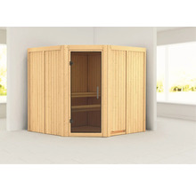Ecksauna aus Holz mit Glastür