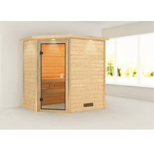 Holzsauna mit Glastür und Innenbeleuchtung