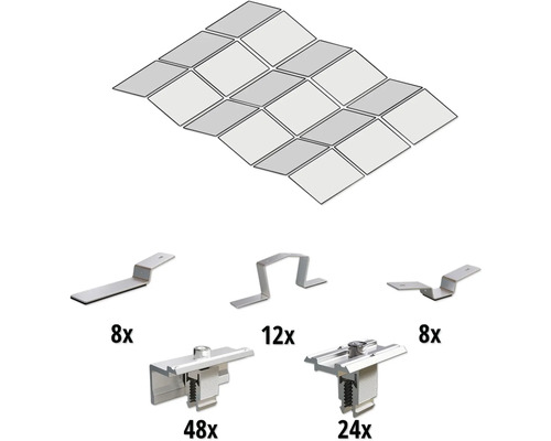 Dachziegel mit Montagezubehör für Photovoltaikanlage, inklusive Dachhaken und Klemmen