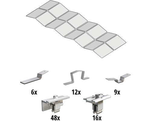 Befestigungsmaterial für Solarmodule mit verschiedenen Montageteilen und Stückzahlen